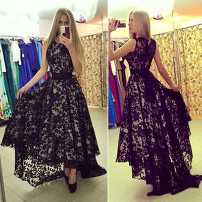 lace prom dresses,Black A-line Scoop Asymmetrical Tulle Evening Dress Prom Dresses 9902