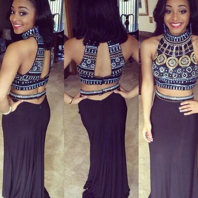 Two pieces prom dresses,black sheath column high neck floor-length chiffon evening dress prom dresses 9905