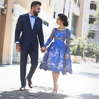 Blue lace homecoming ,short prom dress ,long sleeves homecoming dress,scoop homecoming dress , cheap custom homecoming dress ,bd14305