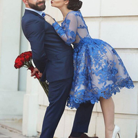 blue lace homecoming ,short prom dress ,long sleeves homecoming dress,scoop homecoming dress , cheap custom homecoming dress ,BD14305 - Thumbnail 3