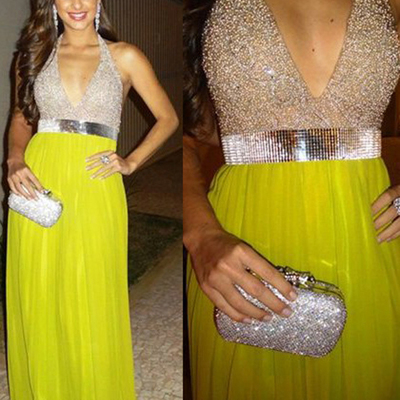 Yellow prom dresses,daffodil a-line halter rhinestone prom dresses evening dresses 056