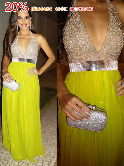yellow prom dresses,Daffodil A-line Halter Rhinestone Prom Dresses Evening Dresses 056