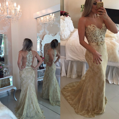 Champagne prom dresses,champagne trumpet mermaid scoop sweep brush train tulle evening dress prom dresses 9911