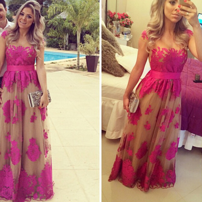 fuchsia prom dresses,Fuchsia A-line Scoop Floor-length Tulle Evening Dress Prom Dresses 9916