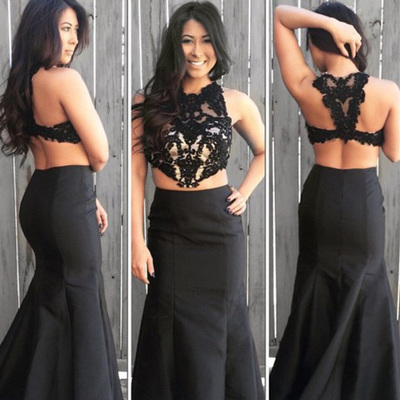 Sexy prom dresses,black trumpet mermaid scoop sweep brush train satin evening dress prom dresses 9923