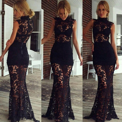 black prom dresses,Black Trumpet Mermaid High Neck Floor-length Tulle Evening Dress Prom Dresses 9932