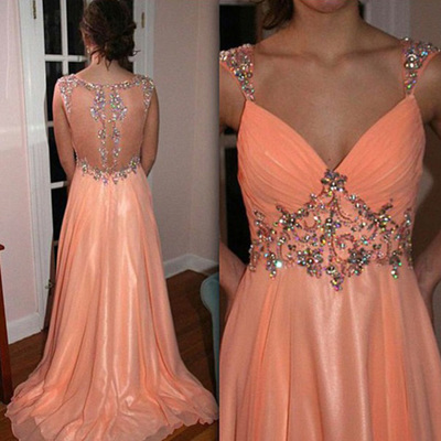 2016 long prom dresses,A-line Straps Sweep Brush Train Chiffon Evening Dress Prom Dresses 9934
