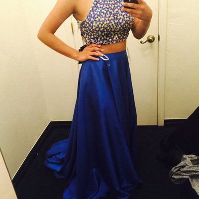 Two piece prom dresses,royal blue a-line high neck sweep brush train elastic woven satin evening dress prom dresses 9935