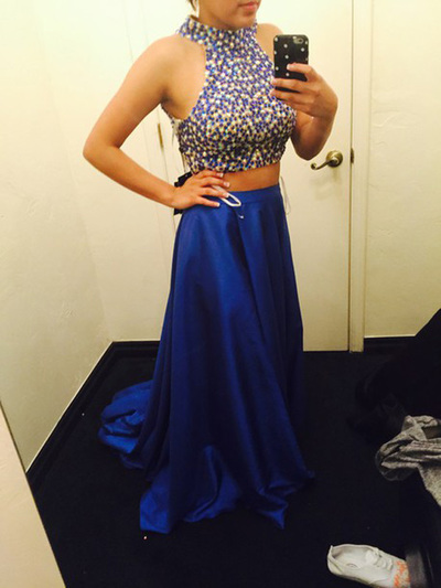 two piece prom dresses,Royal Blue A-line High Neck Sweep Brush Train Elastic Woven Satin Evening Dress Prom Dresses 9935