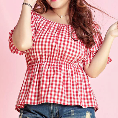 Xl-4xl red grid off-the-shoulder plus size top sp166552