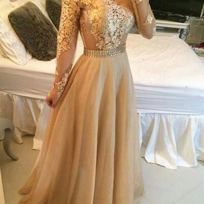 Long sleeve prom dresses,champagne a-line scoop floor-length organza evening dress prom dresses 9942