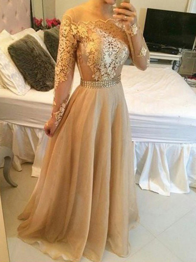 long sleeve prom dresses,Champagne A-line Scoop Floor-length Organza Evening Dress Prom Dresses 9942