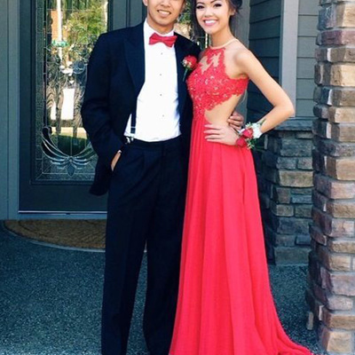 Red prom dresses,red a-line scoop sweep brush train chiffon evening dress prom dresses 9944