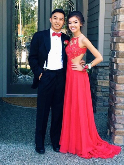 red prom dresses,Red A-line Scoop Sweep Brush Train Chiffon Evening Dress Prom Dresses 9944