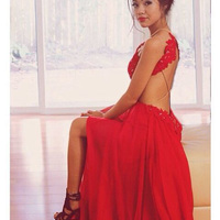 red prom dresses,Red A-line Scoop Sweep Brush Train Chiffon Evening Dress Prom Dresses 9944 - Thumbnail 1