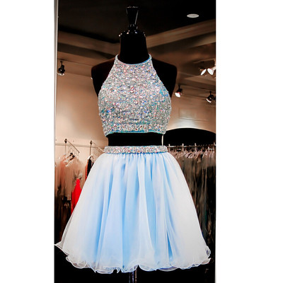 Two pieces homecoming dress high halter neckline short prom dress pst0792