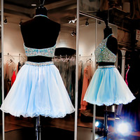 Two Pieces Homecoming Dress High Halter Neckline Short Prom Dress pst0792 - Thumbnail 1