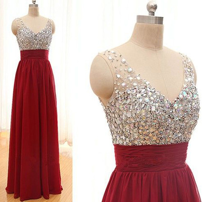 V-neck prom dresses,burgundy a-line v-neck floor-length chiffon evening dress prom dresses 9948