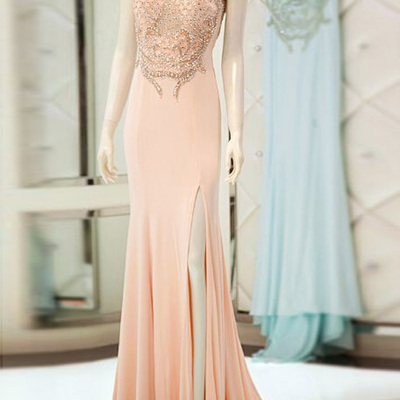 Open back prom dresses,pearl pink trumpet mermaid scoop sweep brush train chiffon evening dress prom dresses 9949