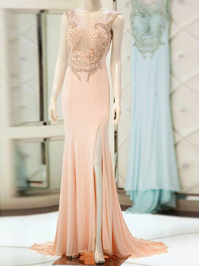 open back prom dresses,Pearl Pink Trumpet Mermaid Scoop Sweep Brush Train Chiffon Evening Dress Prom Dresses 9949