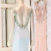 open back prom dresses,Pearl Pink Trumpet Mermaid Scoop Sweep Brush Train Chiffon Evening Dress Prom Dresses 9949 - Thumbnail 1