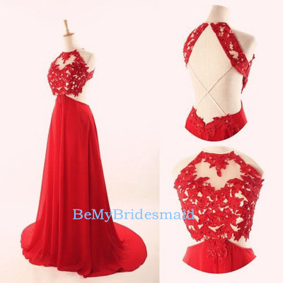 Lovely red halter prom dress with lace applique, red prom dresses, evening dresses