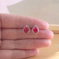 925 Ruby (Lab Created) Stud Earrings/Ruby Jewelry/Ruby Jewellery/Ruby Jewelery/Ruby Pear Stud Earrings/July Birthstone/Red Ruby Cz Studs - Thumbnail 2