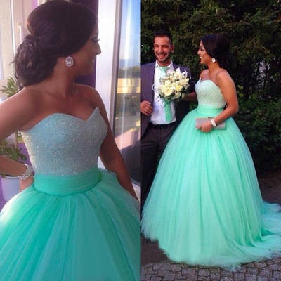 Mint prom dresses,ball gown sweetheart sweep brush train tulle evening dress prom dresses 10002