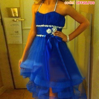 Prom dresses high low,royal blue a-line halter organza asymmetrical prom dresses evening dresses 1561