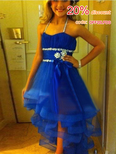 prom dresses high low,Royal Blue A-line Halter Organza Asymmetrical Prom Dresses Evening Dresses 1561