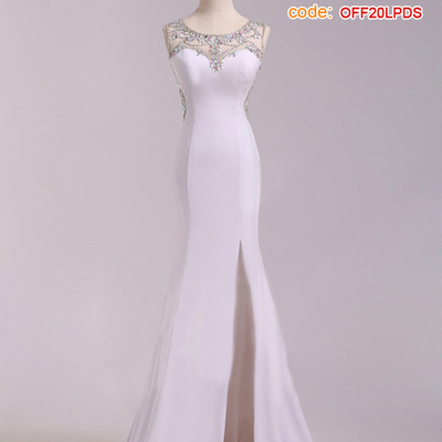 Prom dresses long,white trumpet/mermaid scoop sleeveless chiffon prom dresses evening dresses 1458