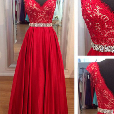 Red prom dresses,red a-line v-neck floor-length satin prom dresses evening dresses 1342