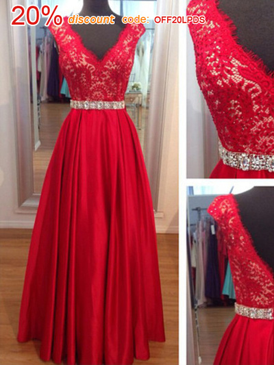 red prom dresses,Red A-line V-neck Floor-length Satin Prom Dresses Evening Dresses 1342