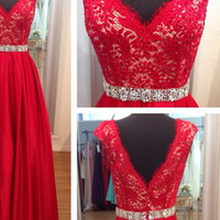 red prom dresses,Red A-line V-neck Floor-length Satin Prom Dresses Evening Dresses 1342 - Thumbnail 1