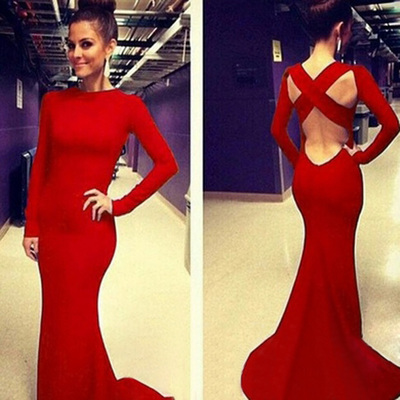 Red prom dresses,red trumpet mermaid scoop sweep brush train chiffon evening dress prom dresses 10024