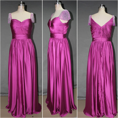 Prom dresses with sleeve,fuchsia a-line straps floor-length elastic woven satin evening dress prom dresses 10028