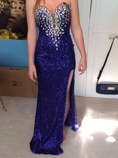 prom dresses with slit,Royal Blue Sheath Column Sweetheart Floor-length Elastic Woven Satin Evening Dress Prom Dresses 10032