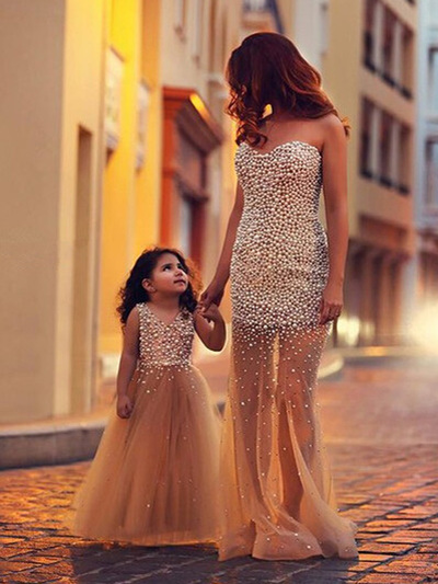 unique prom dresses,Champagne Trumpet Mermaid Sweetheart Floor-length Tulle Evening Dress Prom Dresses 10034