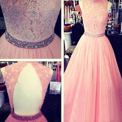 Open back prom dresses,pearl pink a-line high neck floor-length tulle evening dress prom dresses 10074