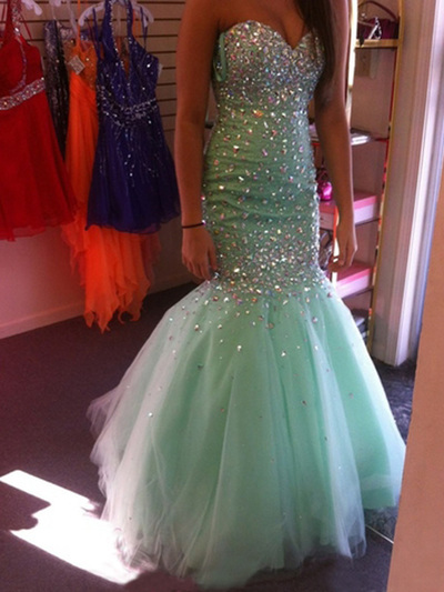 mermaid prom dresses,Sage Trumpet Mermaid Sweetheart Floor-length Tulle Evening Dress Prom Dresses 10078