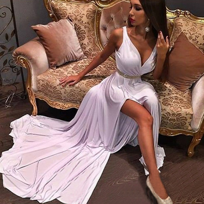 Prom dresses with slit,white a-line straps sweep brush train elastic woven satin evening dress prom dresses 10094