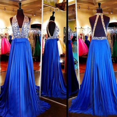 sexy prom dresses,Royal Blue A-line V-neck Sweep Brush Train Chiffon Evening Dress Prom Dresses 10096
