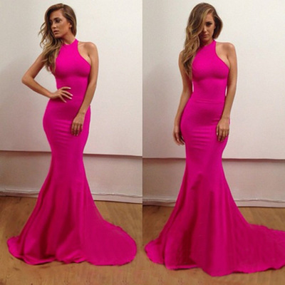 Tight prom dresses,fuchsia trumpet mermaid halter sweep brush train elastic woven satin evening dress prom dresses 10097