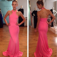 tight prom dresses,Fuchsia Trumpet Mermaid Halter Sweep Brush Train Elastic Woven Satin Evening Dress Prom Dresses 10097 - Thumbnail 1