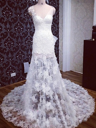 gorgeous prom dresses,White Trumpet Mermaid V-neck Sweep Brush Train Tulle Evening Dress Prom Dresses 10108