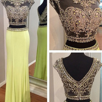 prom dresses for teens,Yellow A-line Bateau Floor-length Chiffon Outfit Prom Dresses Evening Dresses 6146 - Thumbnail 1