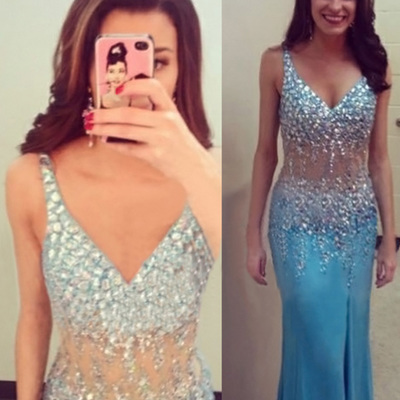 Vintage prom dresses,blue trumpet/mermaid sexy v-neck floor-length chiffon prom dresses evening dresses 6149