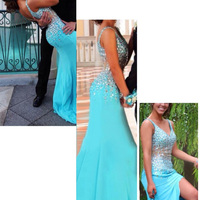 vintage prom dresses,Blue Trumpet/Mermaid Sexy V-neck Floor-length Chiffon Prom Dresses Evening Dresses 6149 - Thumbnail 2