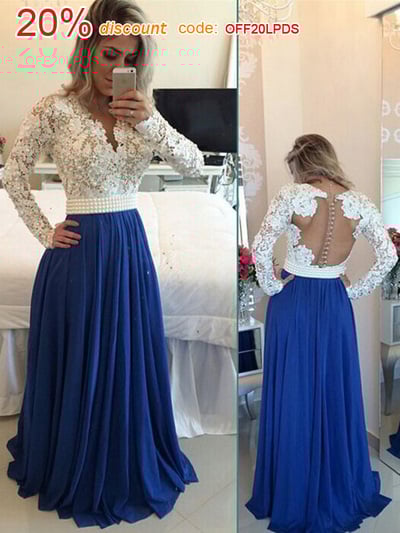 prom dresses long,Long Sleeve A-line V-neck Chiffon Prom Dresses Evening Dresses 8659