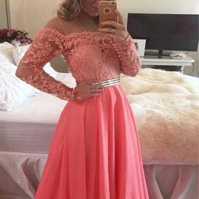 Elegant prom dresses,watermelon a-line off-the-shoulder chiffon prom dresses evening dresses 8658